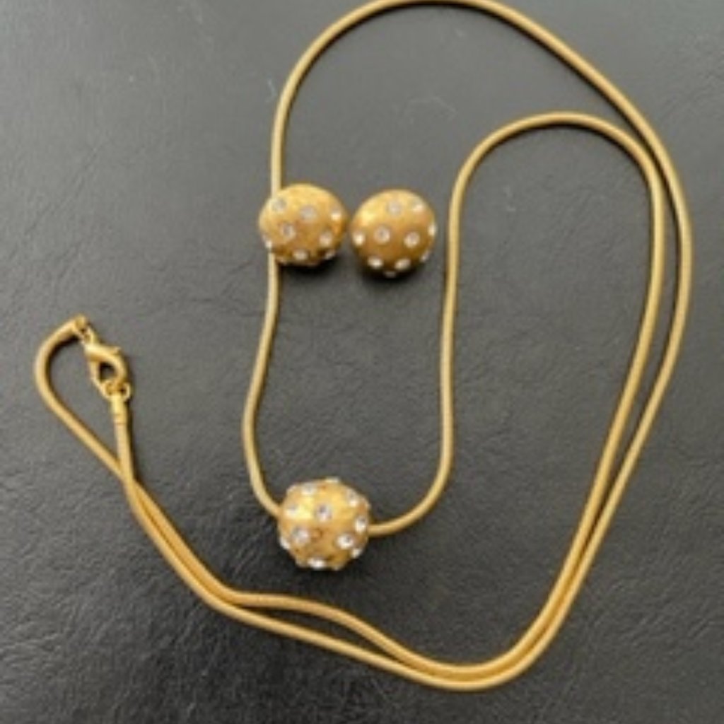 Goldtone Necklace & Matching Earrings W/Slider Pendant And Pave Clear Stones
